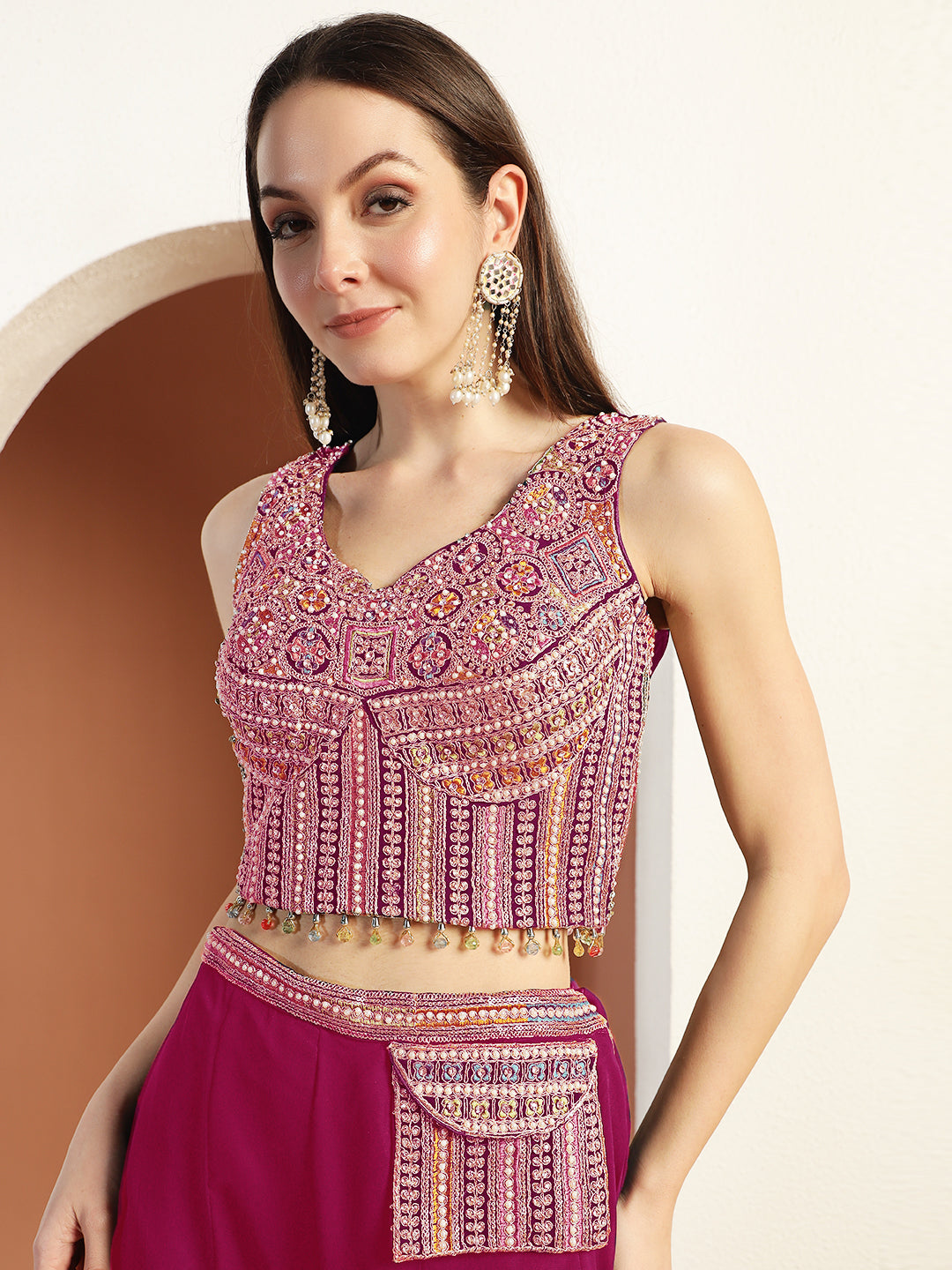 Resham Embroidery Tasseled Crop Top Pallazo set with Stylish Pocket & Pre-draped Dupatta