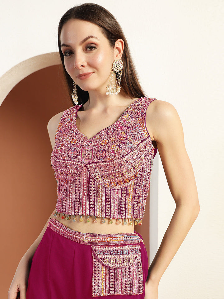 Resham Embroidery Tasseled Crop Top Pallazo set with Stylish Pocket & Pre-draped Dupatta
