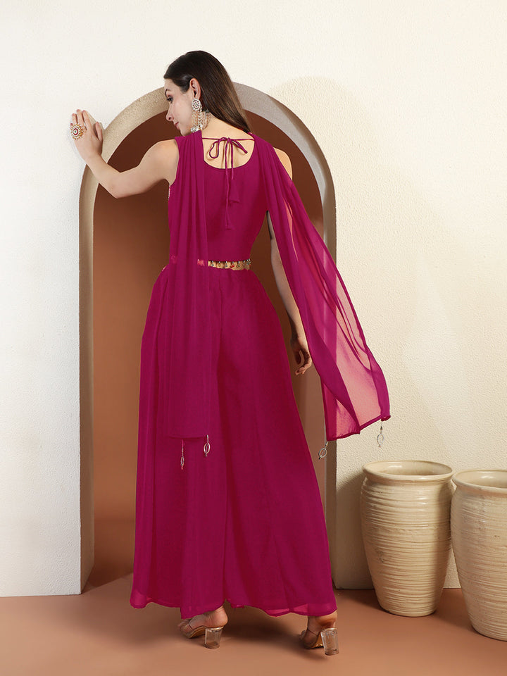 Resham Embroidery Tasseled Crop Top Pallazo set with Stylish Pocket & Pre-draped Dupatta