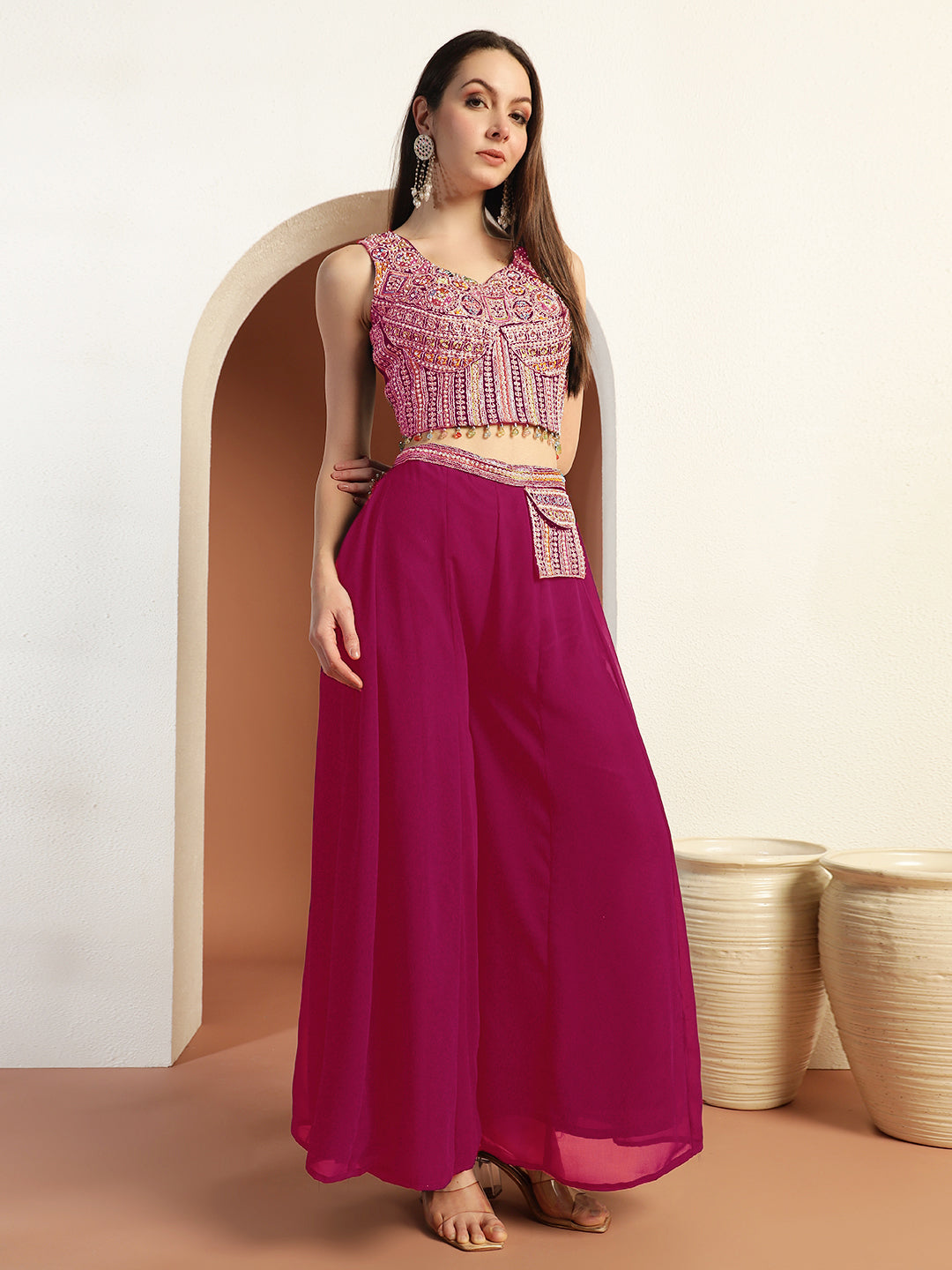 Resham Embroidery Tasseled Crop Top Pallazo set with Stylish Pocket & Pre-draped Dupatta