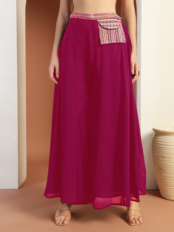 Resham Embroidery Tasseled Crop Top Pallazo set with Stylish Pocket & Pre-draped Dupatta