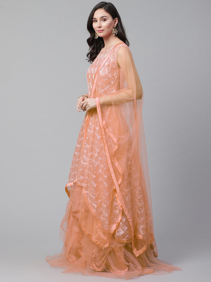 Made-to-Measure Peach Cocktail Gown with zari embroidery, Ruffled hemline and dupatta