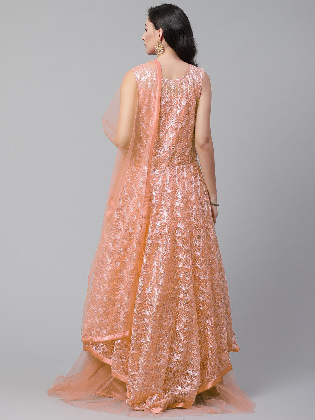 Made-to-Measure Peach Cocktail Gown with zari embroidery, Ruffled hemline and dupatta