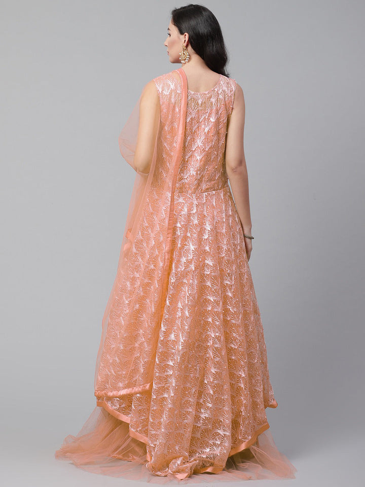 Made-to-Measure Peach Cocktail Gown with zari embroidery, Ruffled hemline and dupatta