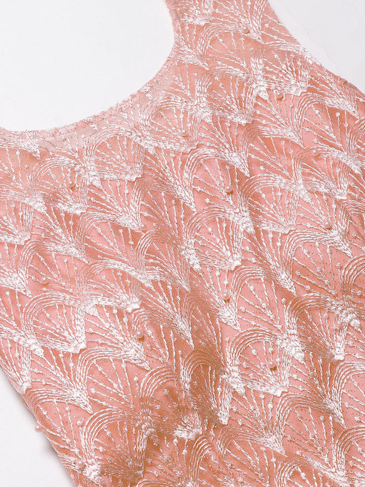 Made-to-Measure Peach Cocktail Gown with zari embroidery, Ruffled hemline and dupatta