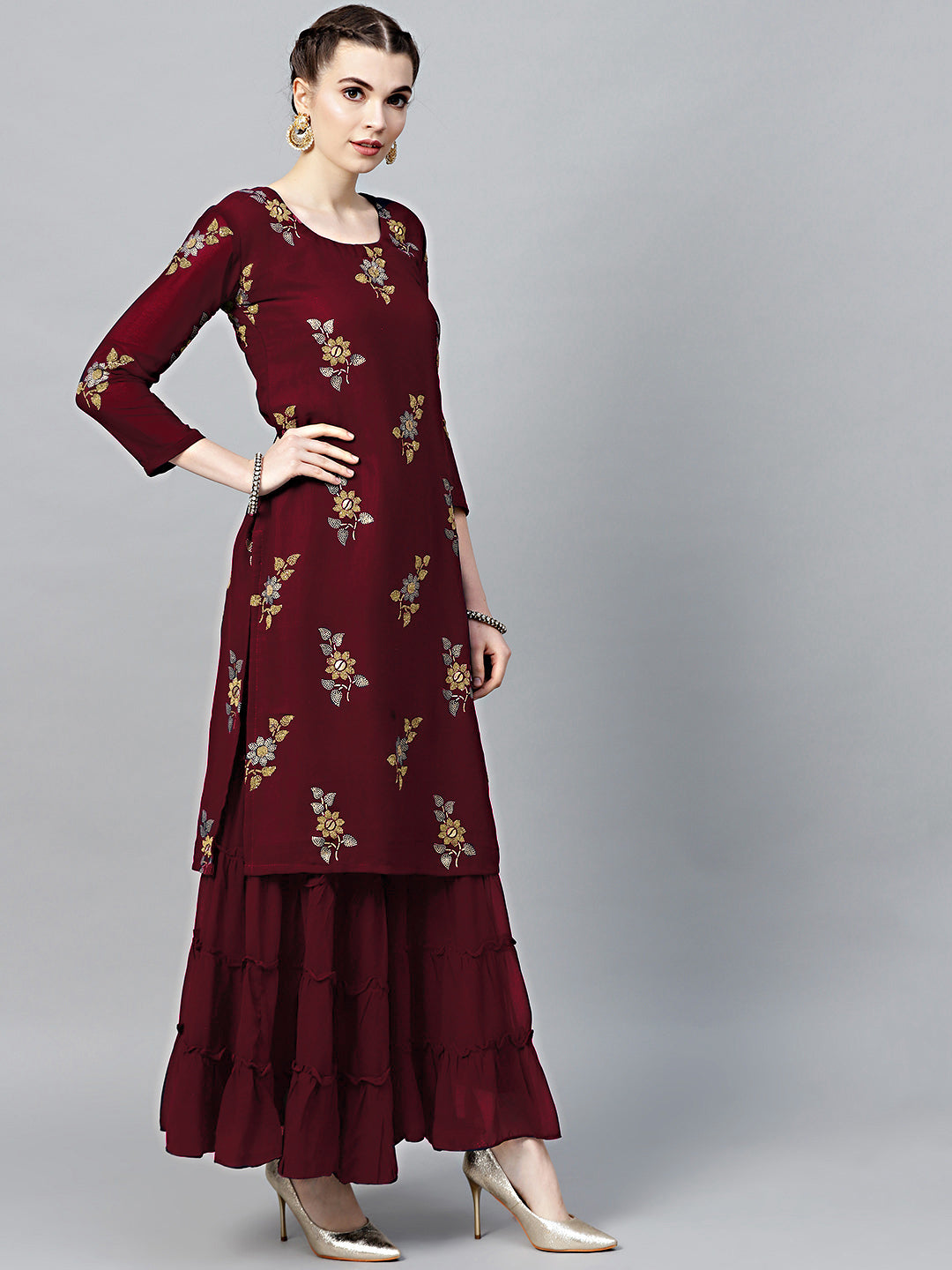 Maroon Georgette Made-to-Measure Kurta Set with Floral Foil Print and Sharara
