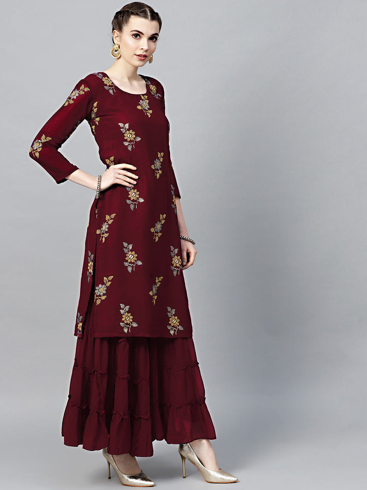 Maroon Georgette Made-to-Measure Kurta Set with Floral Foil Print and Sharara