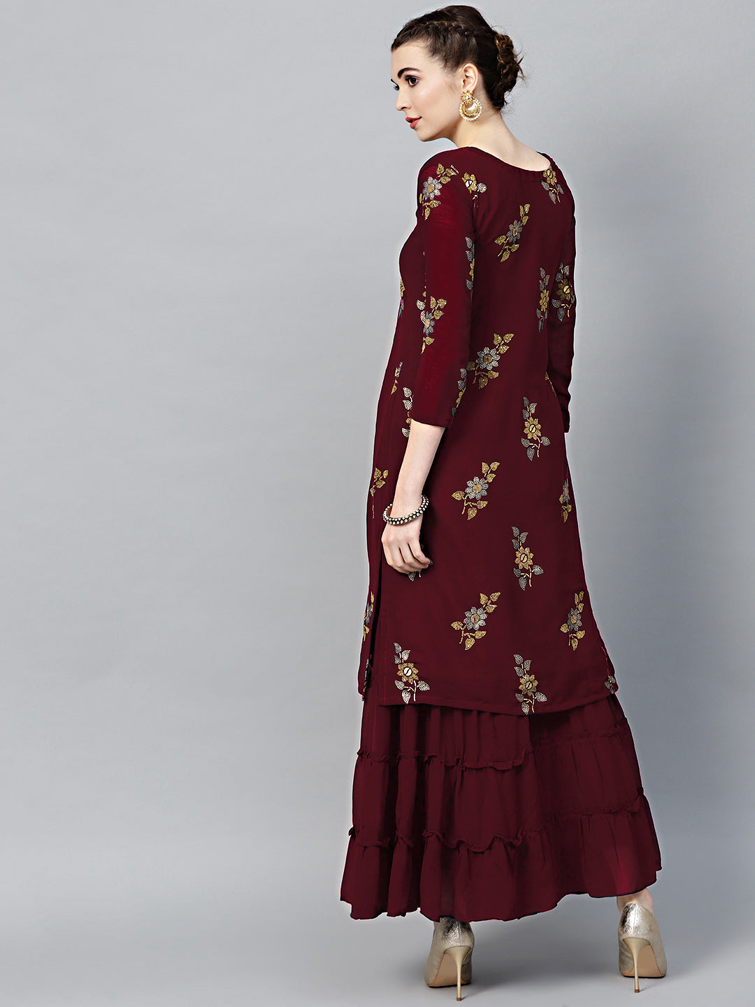 Maroon Georgette Made-to-Measure Kurta Set with Floral Foil Print and Sharara