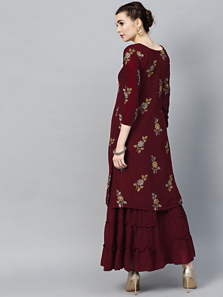 Maroon Georgette Made-to-Measure Kurta Set with Floral Foil Print and Sharara