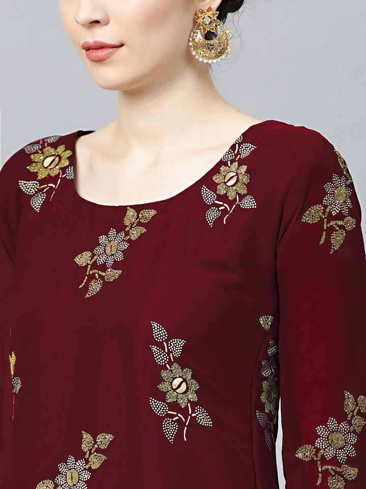 Maroon Georgette Made-to-Measure Kurta Set with Floral Foil Print and Sharara