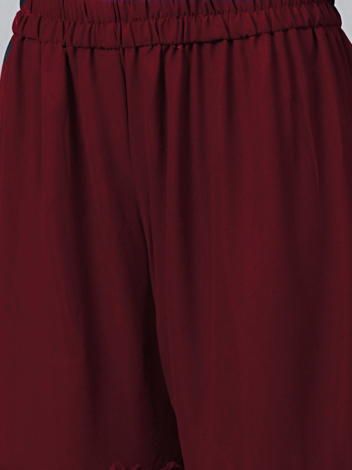 Maroon Georgette Made-to-Measure Kurta Set with Floral Foil Print and Sharara