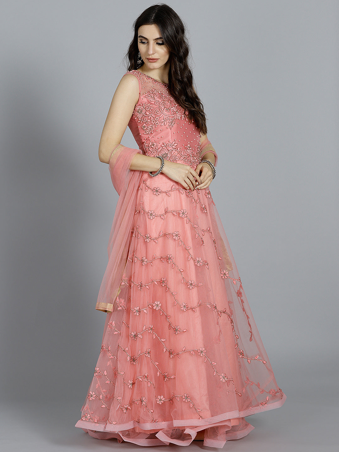 Pearl Embellished Floor Length Flared Suit