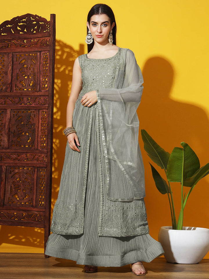 Mirror and Resham Embroidered Jacket Style High Slit Kurta & Lehenga
