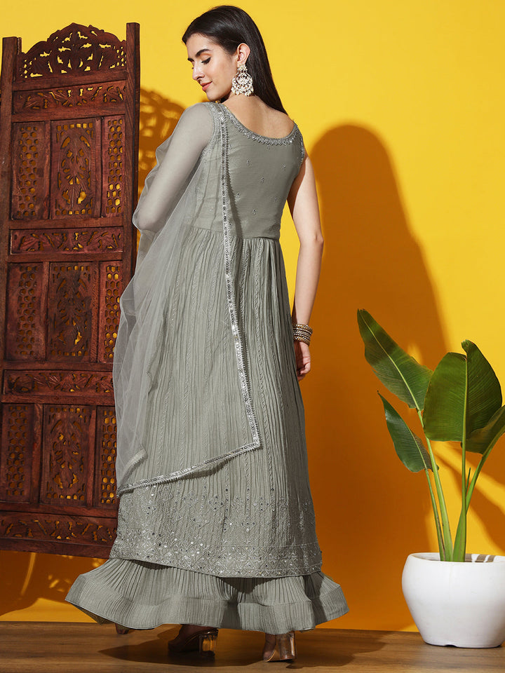 Mirror and Resham Embroidered Jacket Style High Slit Kurta & Lehenga