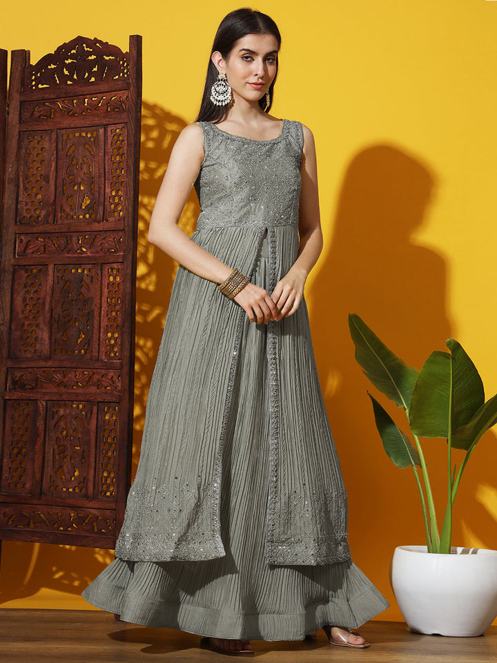Mirror and Resham Embroidered Jacket Style High Slit Kurta & Lehenga