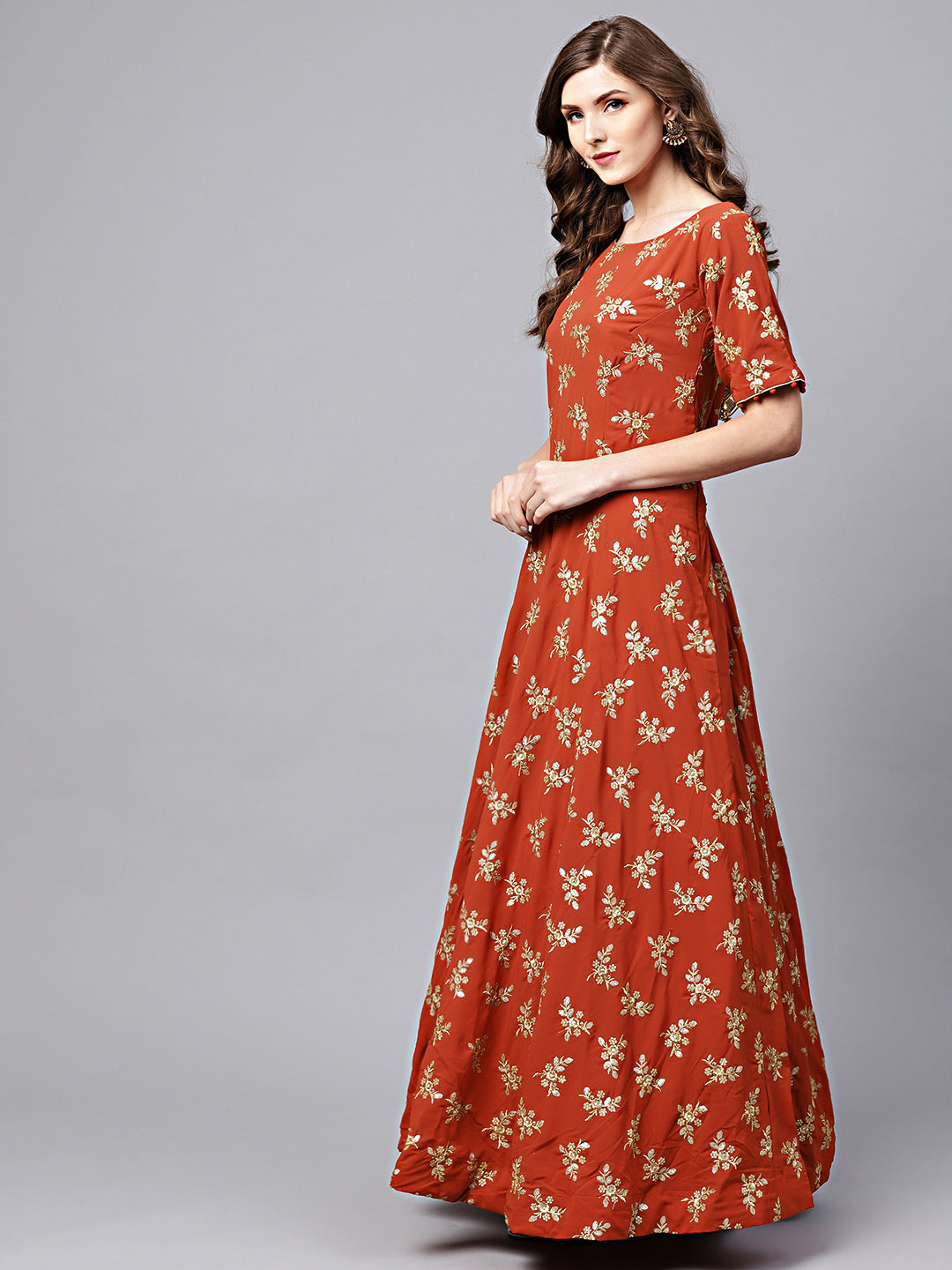 Floor Length Anarkali Gown with Zari Sequin Embroidery