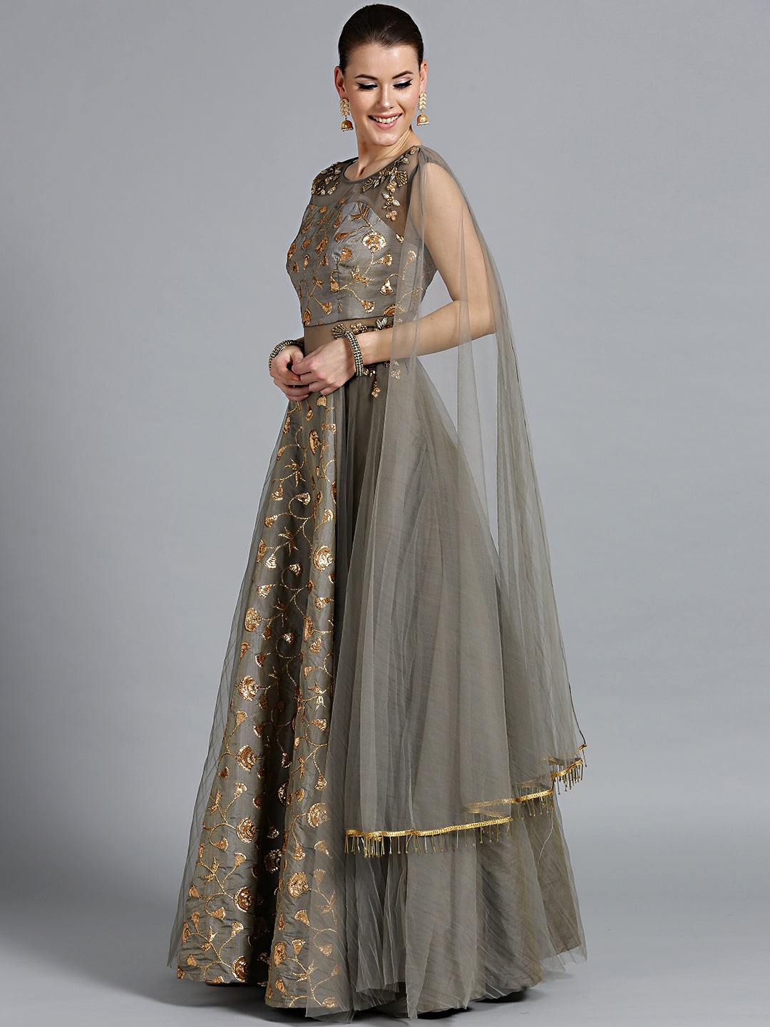 Zari and Kundan Embellished Gown with Attached Dupatta