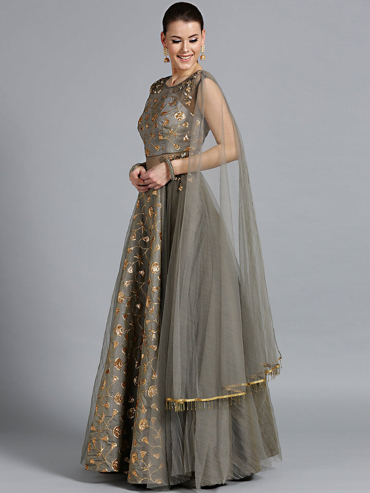Zari and Kundan Embellished Gown with Attached Dupatta