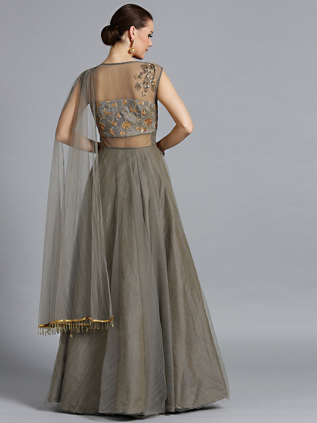 Zari and Kundan Embellished Gown with Attached Dupatta