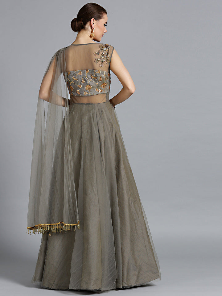 Zari and Kundan Embellished Gown with Attached Dupatta