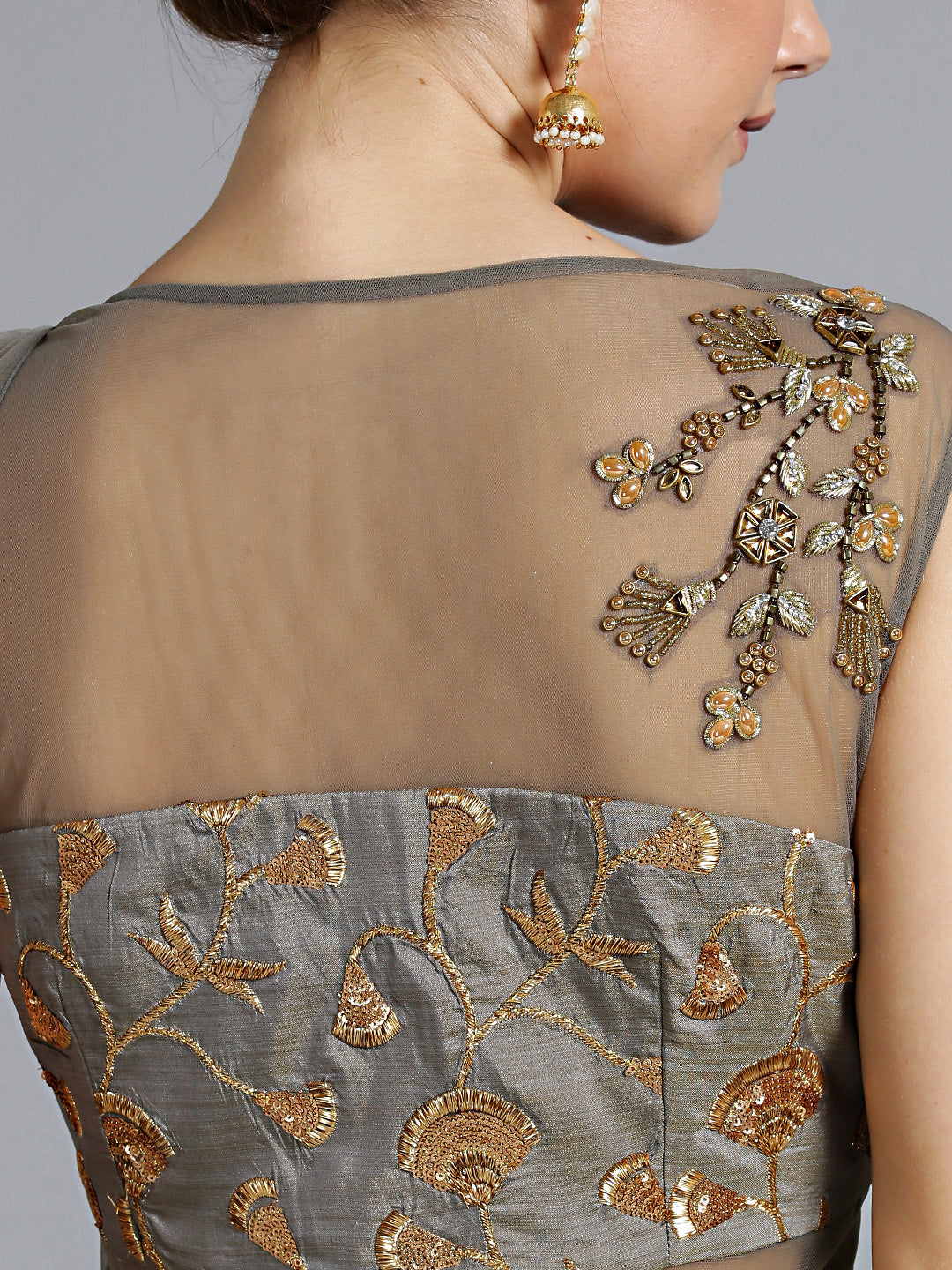 Zari and Kundan Embellished Gown with Attached Dupatta