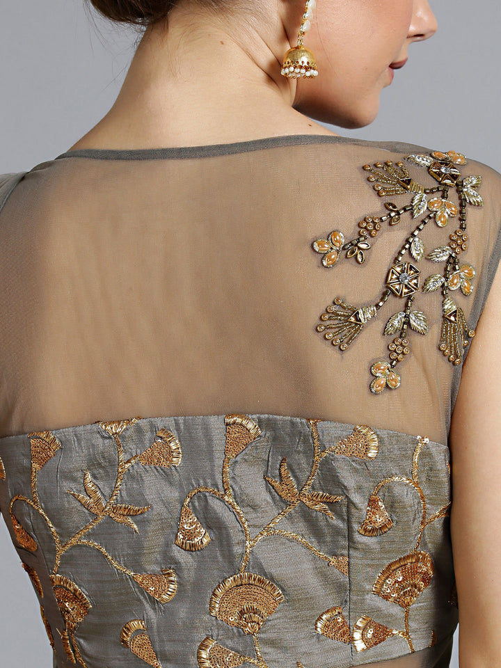 Zari and Kundan Embellished Gown with Attached Dupatta