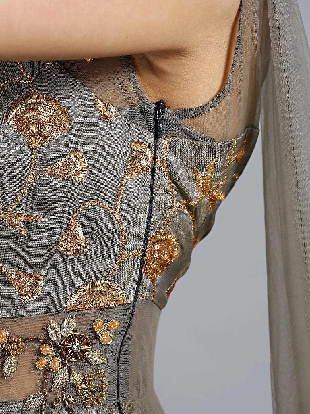 Zari and Kundan Embellished Gown with Attached Dupatta