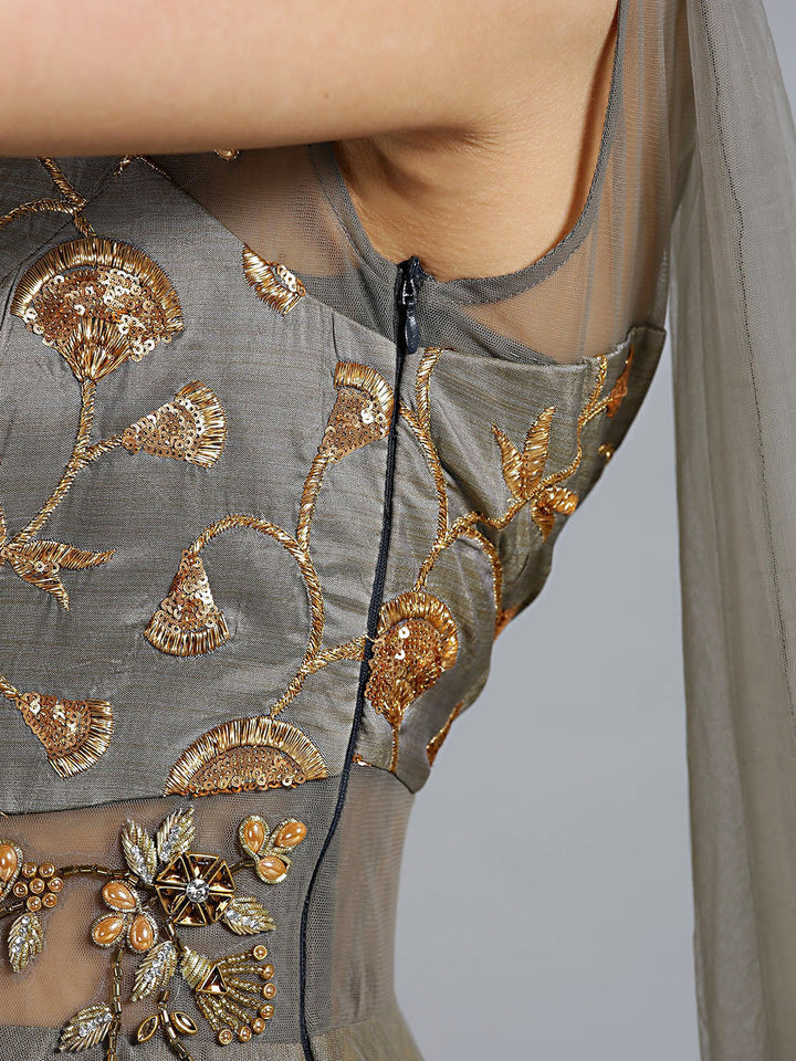 Zari and Kundan Embellished Gown with Attached Dupatta