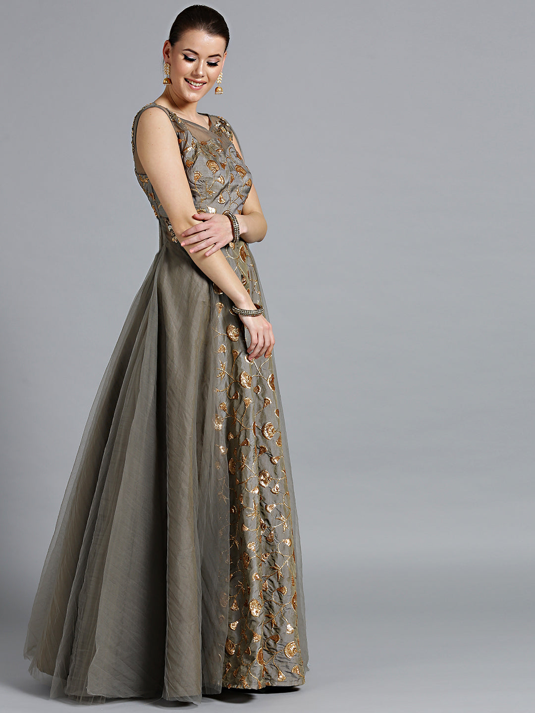 Zari and Kundan Embellished Gown with Attached Dupatta