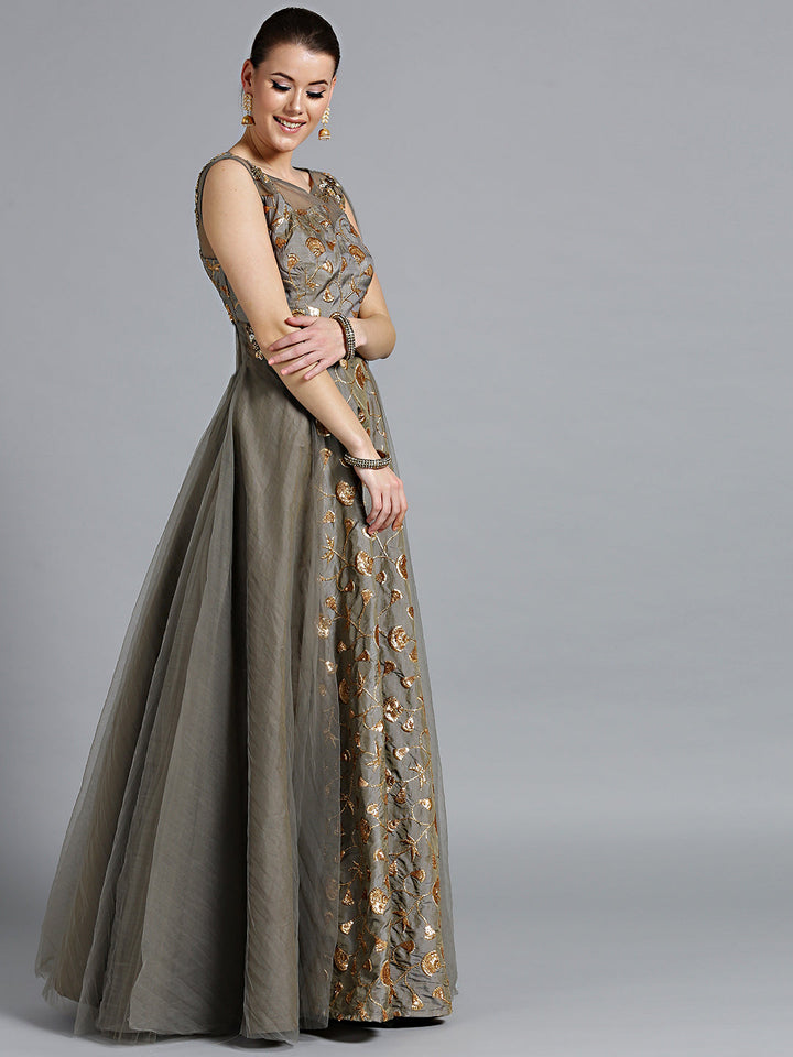 Zari and Kundan Embellished Gown with Attached Dupatta