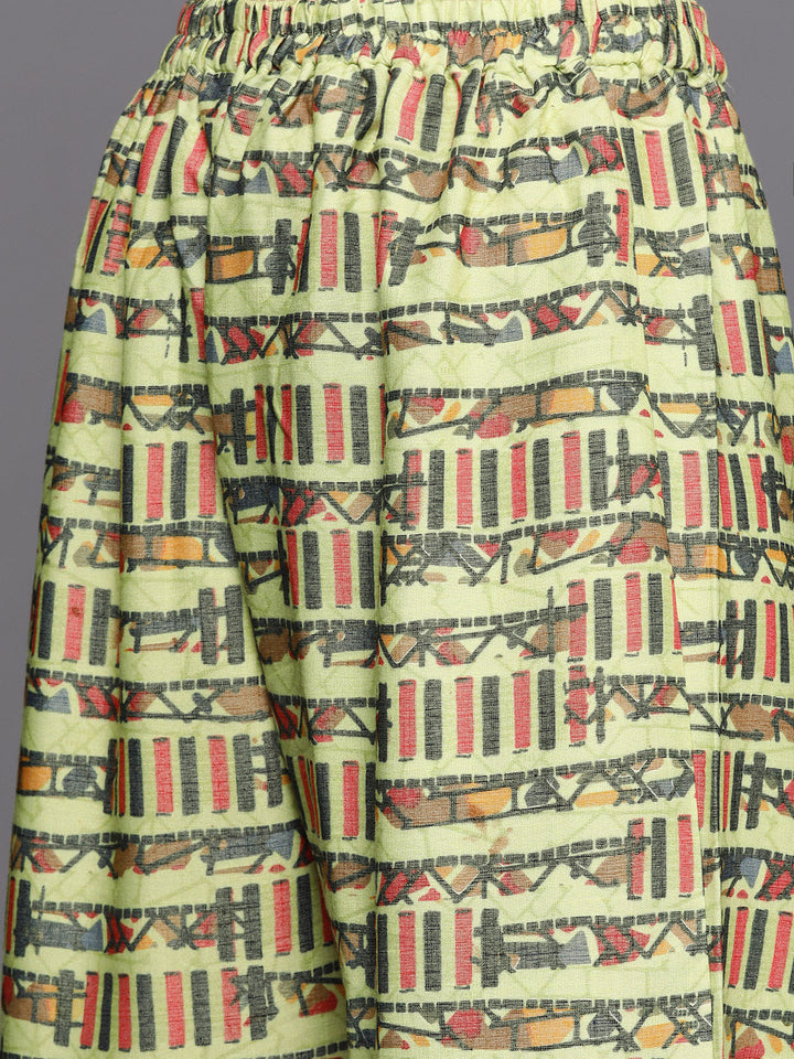 Lime Green Floral Digital Prints Kurta Pallazo Set Embellished with Scalloped hemline