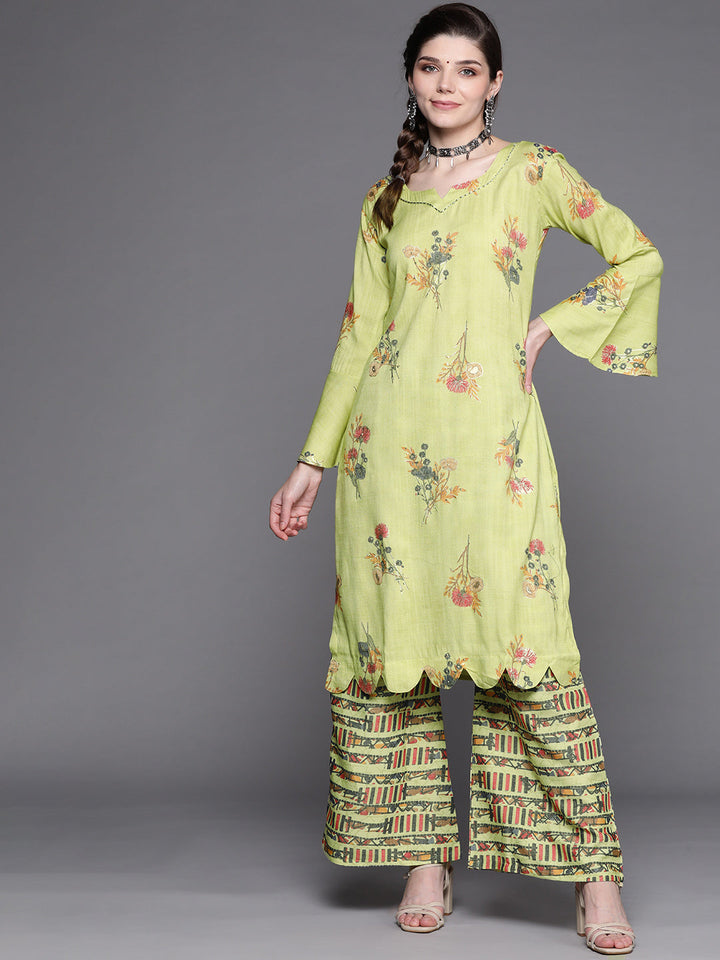 Lime Green Floral Digital Prints Kurta Pallazo Set Embellished with Scalloped hemline