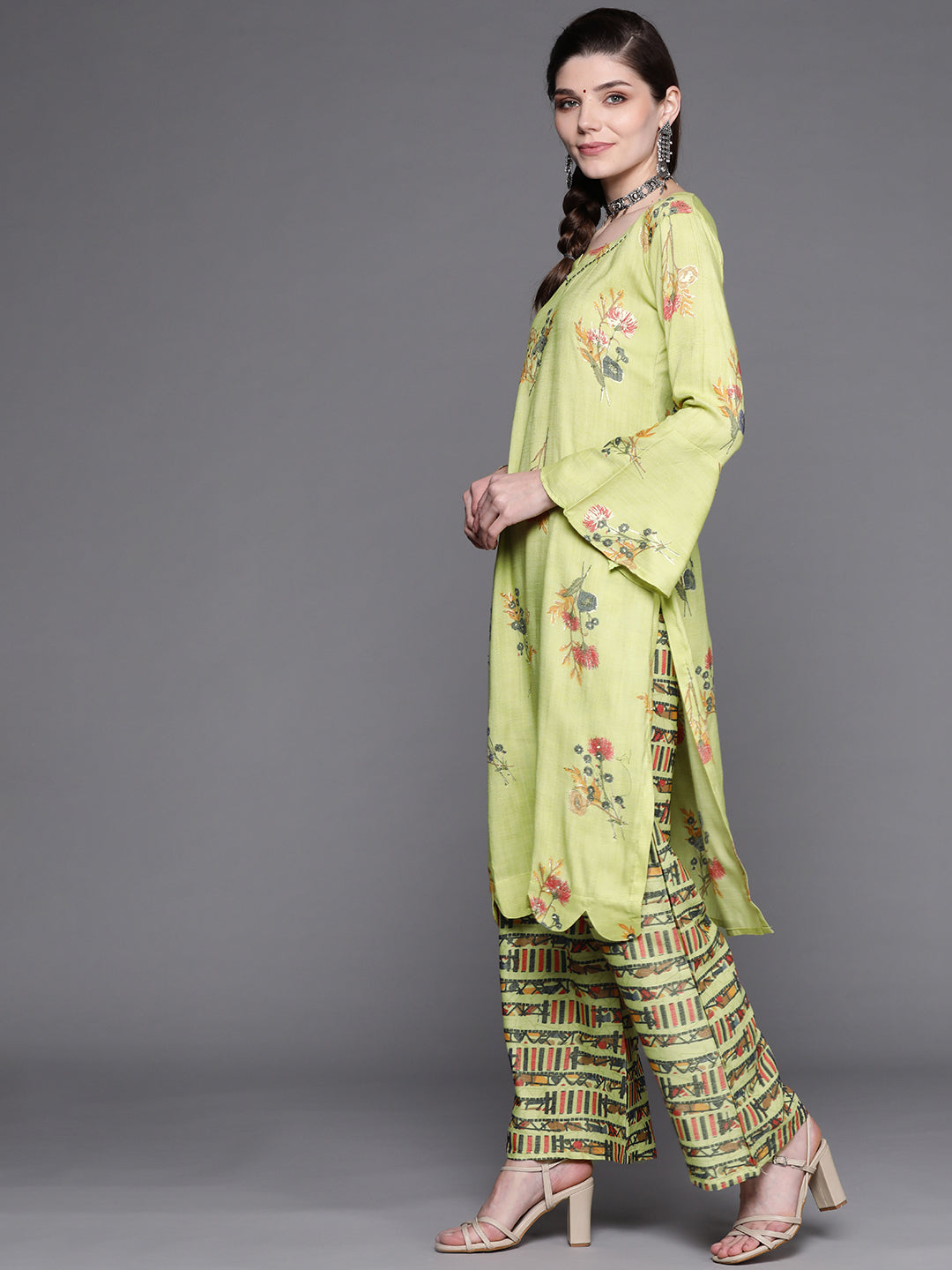 Lime Green Floral Digital Prints Kurta Pallazo Set Embellished with Scalloped hemline