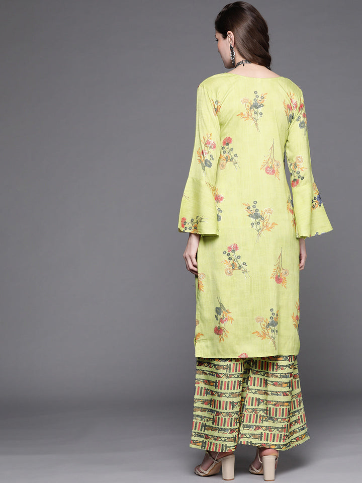 Lime Green Floral Digital Prints Kurta Pallazo Set Embellished with Scalloped hemline