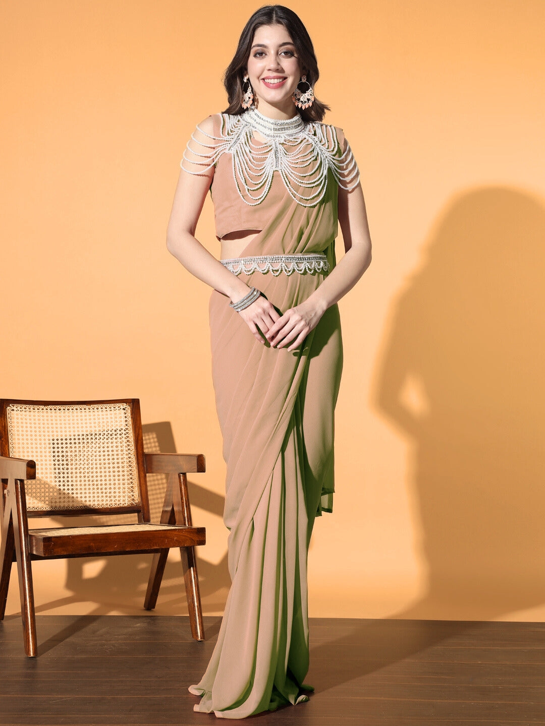 Pre-stitched Monotone Draped Saree with Pearl & Crystal Embroidered Necklace