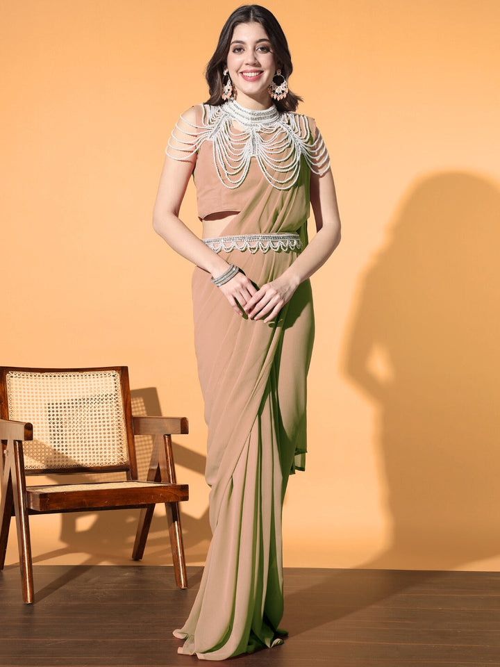 Pre-stitched Monotone Draped Saree with Pearl & Crystal Embroidered Necklace