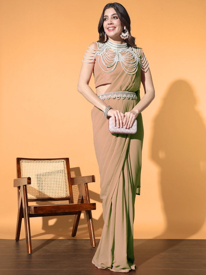Pre-stitched Monotone Draped Saree with Pearl & Crystal Embroidered Necklace