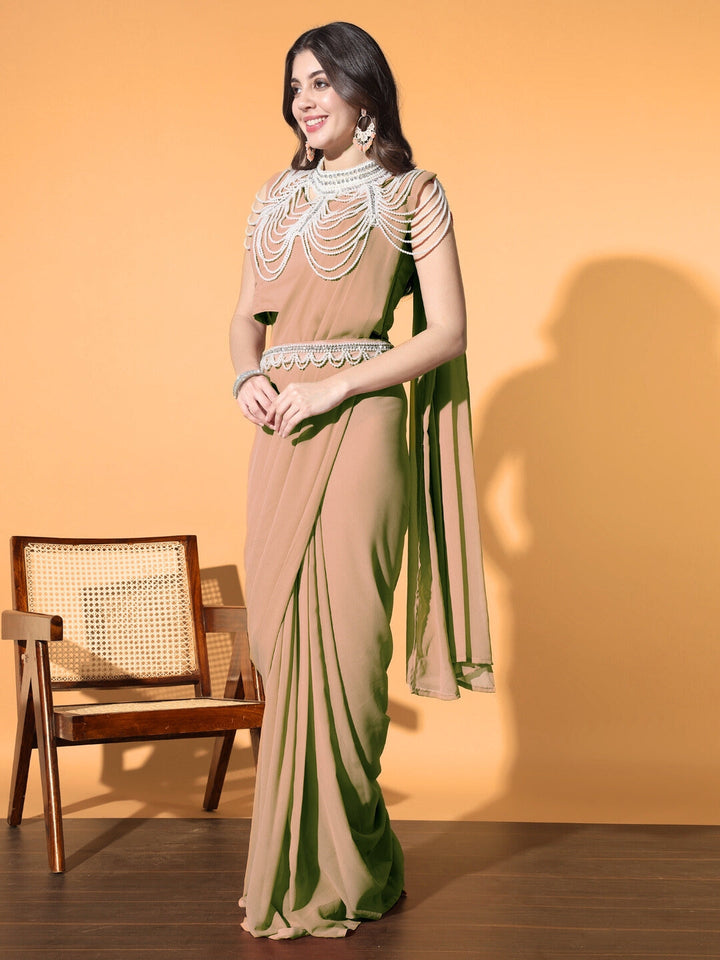 Pre-stitched Monotone Draped Saree with Pearl & Crystal Embroidered Necklace