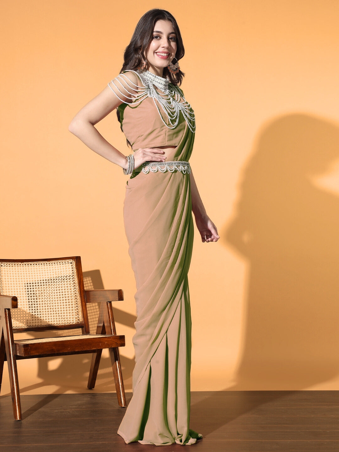 Pre-stitched Monotone Draped Saree with Pearl & Crystal Embroidered Necklace