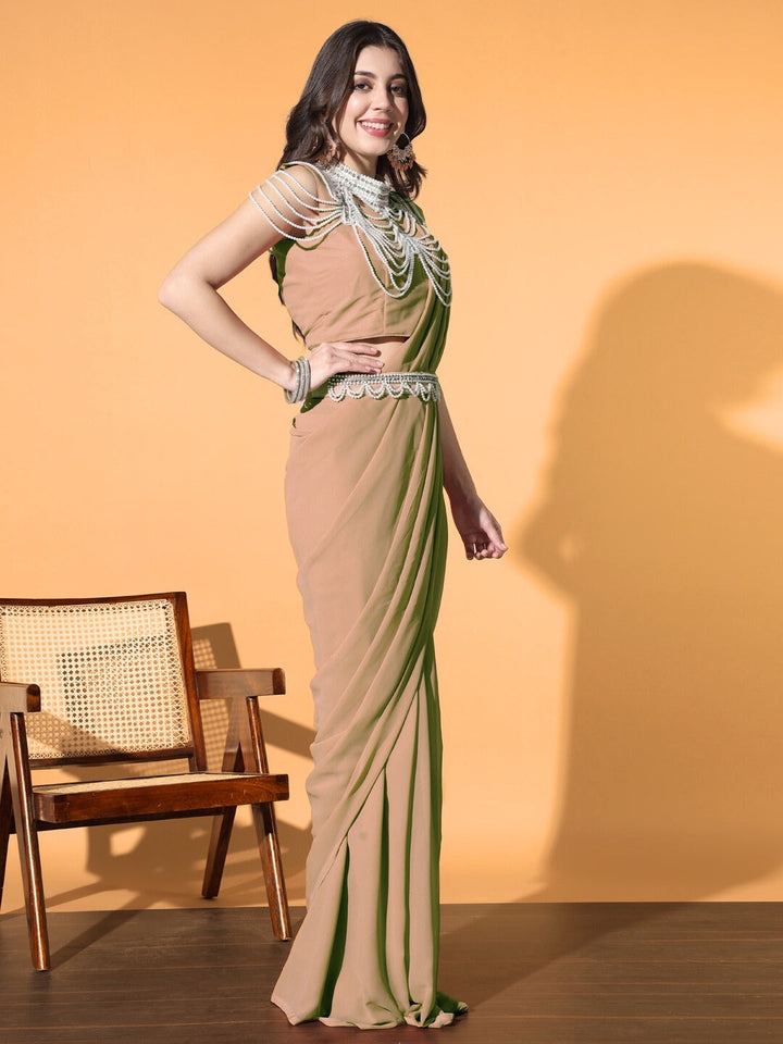 Pre-stitched Monotone Draped Saree with Pearl & Crystal Embroidered Necklace