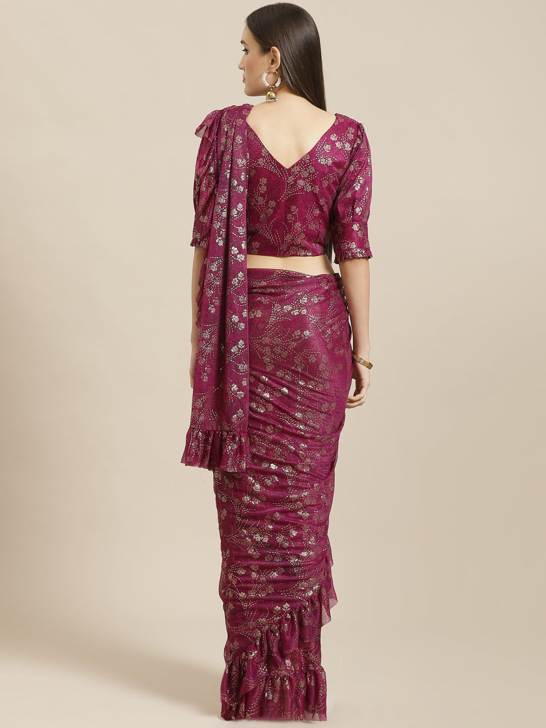 Ruffled Pre-Stitched Ruffles & Foil Printed Saree with Embellished Belt & Pleated Sleeve