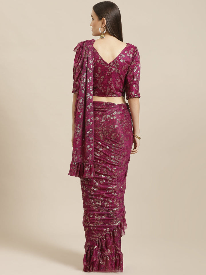 Ruffled Pre-Stitched Ruffles & Foil Printed Saree with Embellished Belt & Pleated Sleeve