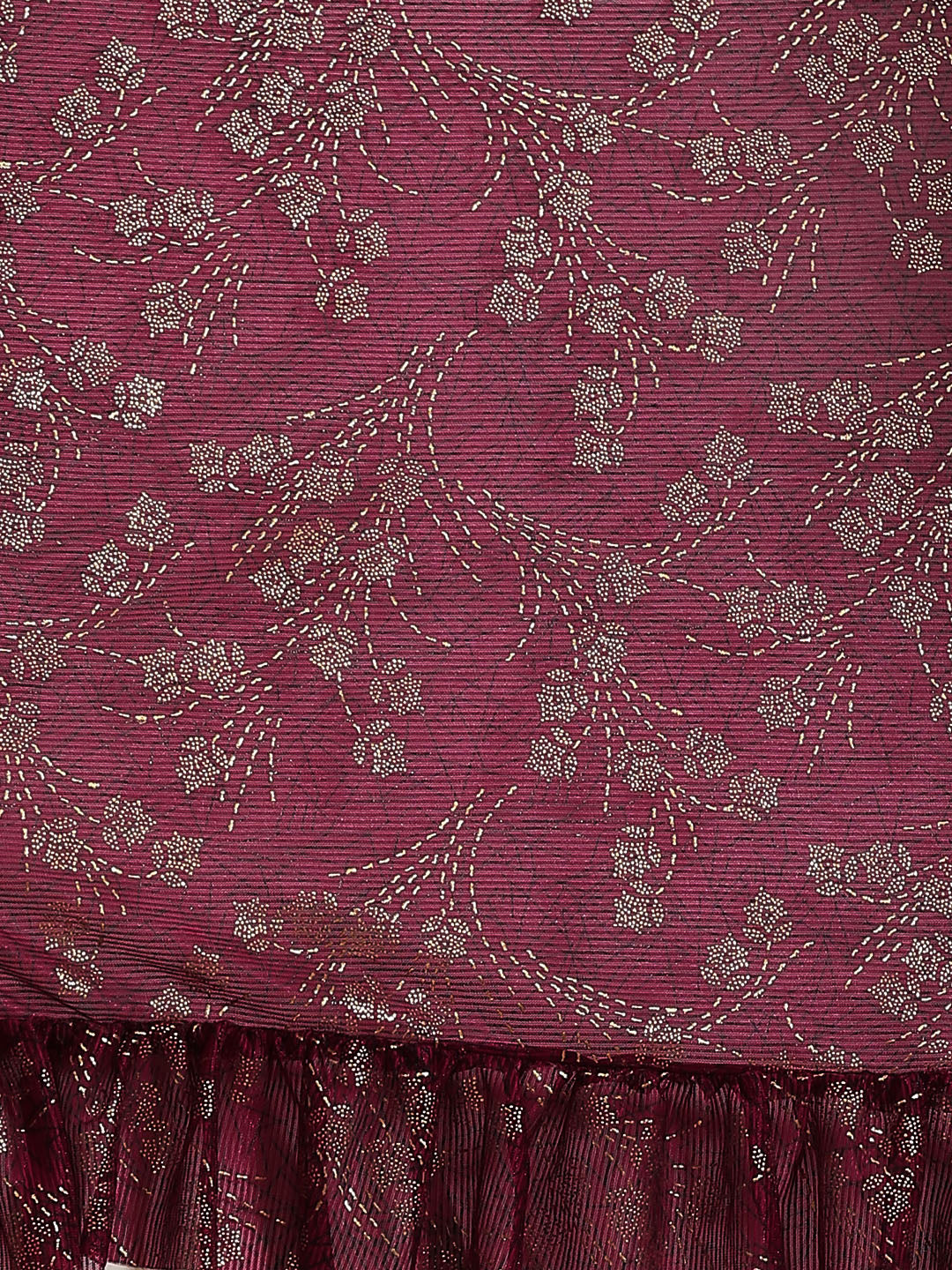 Ruffled Pre-Stitched Ruffles & Foil Printed Saree with Embellished Belt & Pleated Sleeve