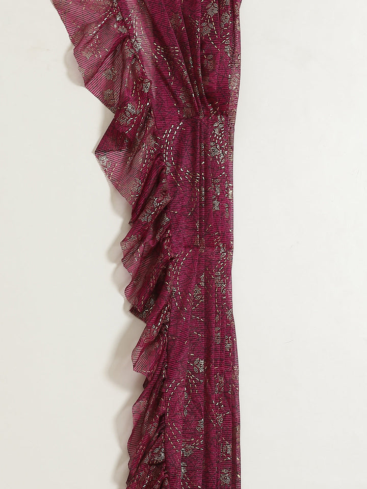 Ruffled Pre-Stitched Ruffles & Foil Printed Saree with Embellished Belt & Pleated Sleeve