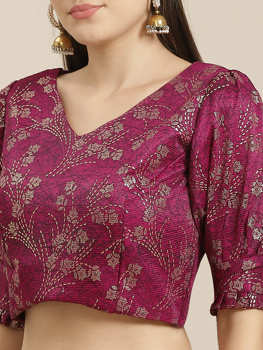 Ruffled Pre-Stitched Ruffles & Foil Printed Saree with Embellished Belt & Pleated Sleeve