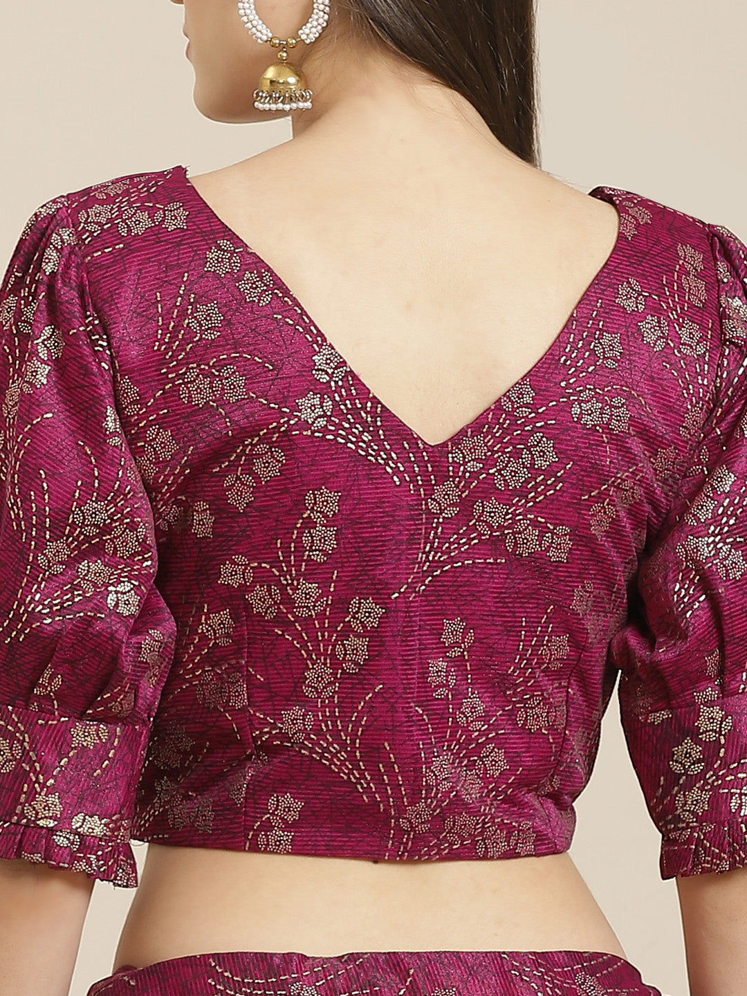 Ruffled Pre-Stitched Ruffles & Foil Printed Saree with Embellished Belt & Pleated Sleeve