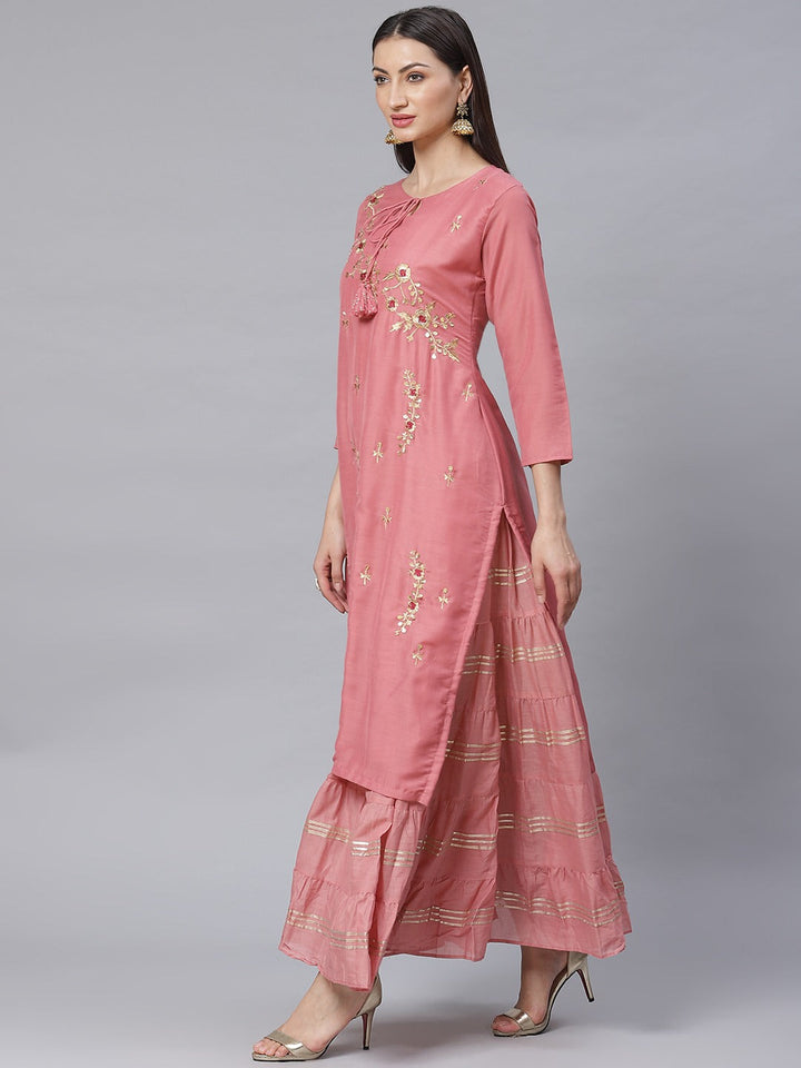 Made to Measure Double Layered Gown with Gotta Patti Embroidery and Keyole Neckline