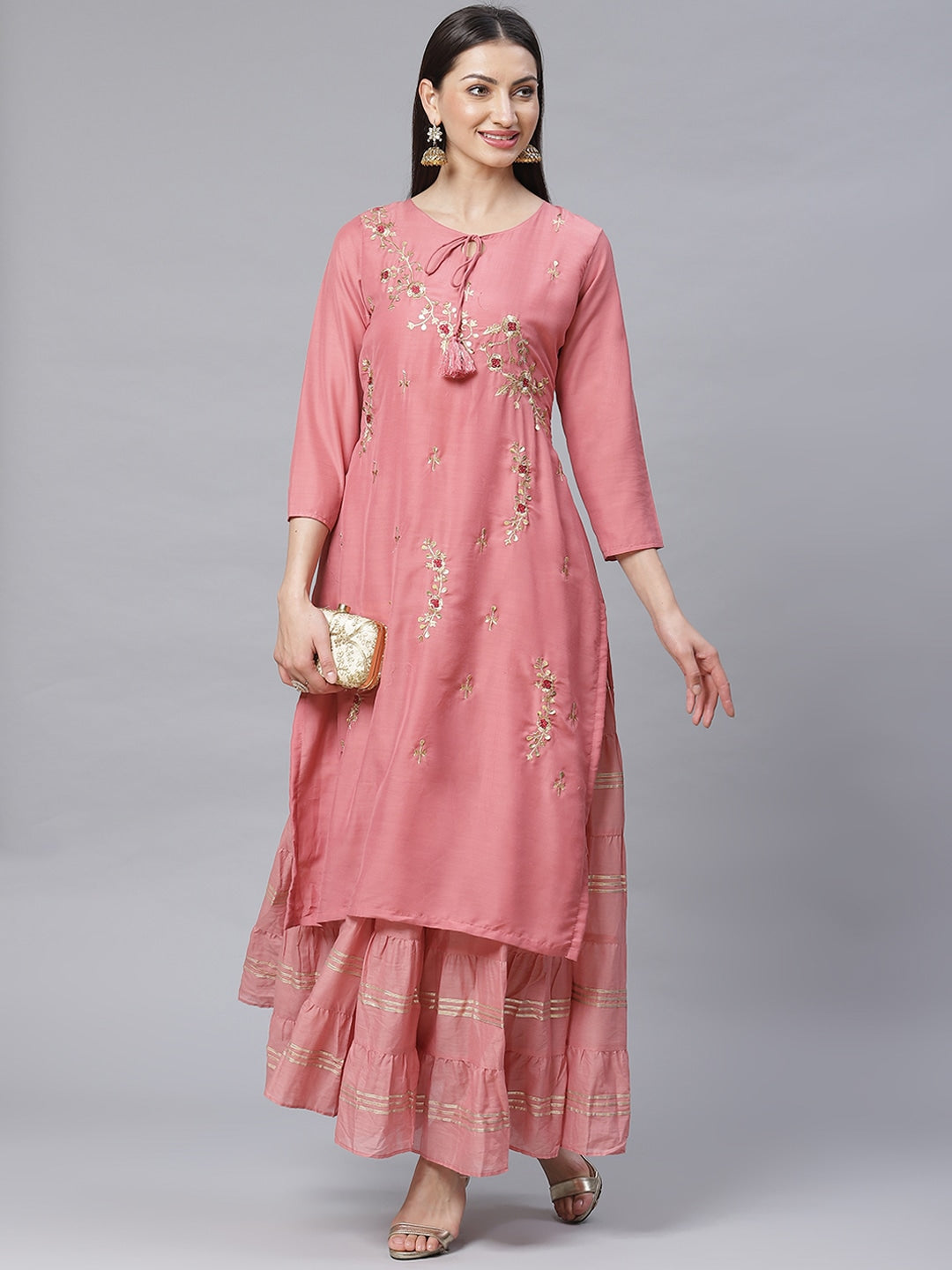 Made to Measure Double Layered Gown with Gotta Patti Embroidery and Keyole Neckline