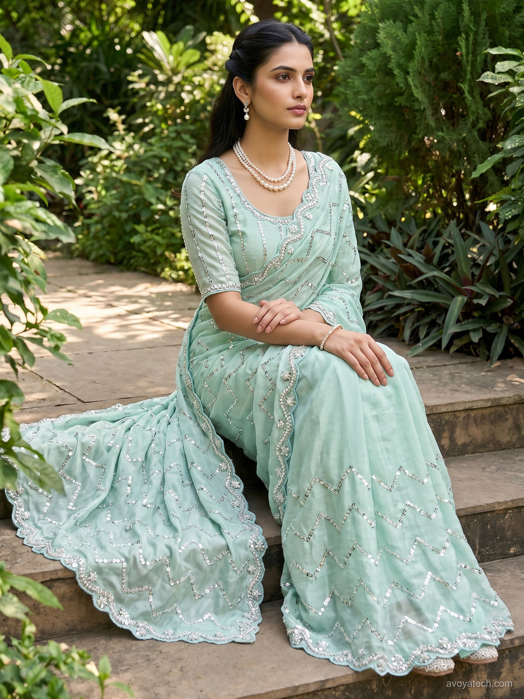 Sequin & Pearl Embroidered Silk Saree with Scalloped Border and Blouse Piece
