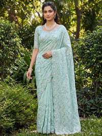 Sequin & Pearl Embroidered Silk Saree with Scalloped Border and Blouse Piece